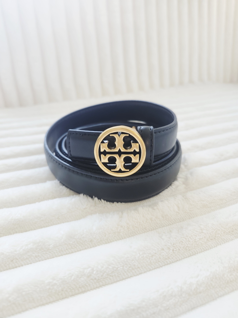 Tory Burch Black Leather Logo Belt Gold Double T Buckle